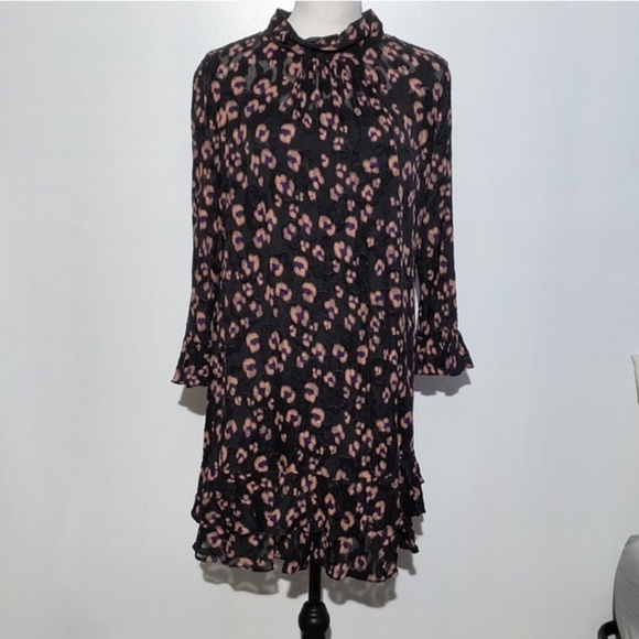 Rebecca Taylor Flounced Cheetah Print Silk Blend Fabric Dress Size 12 - Picture 2 of 10